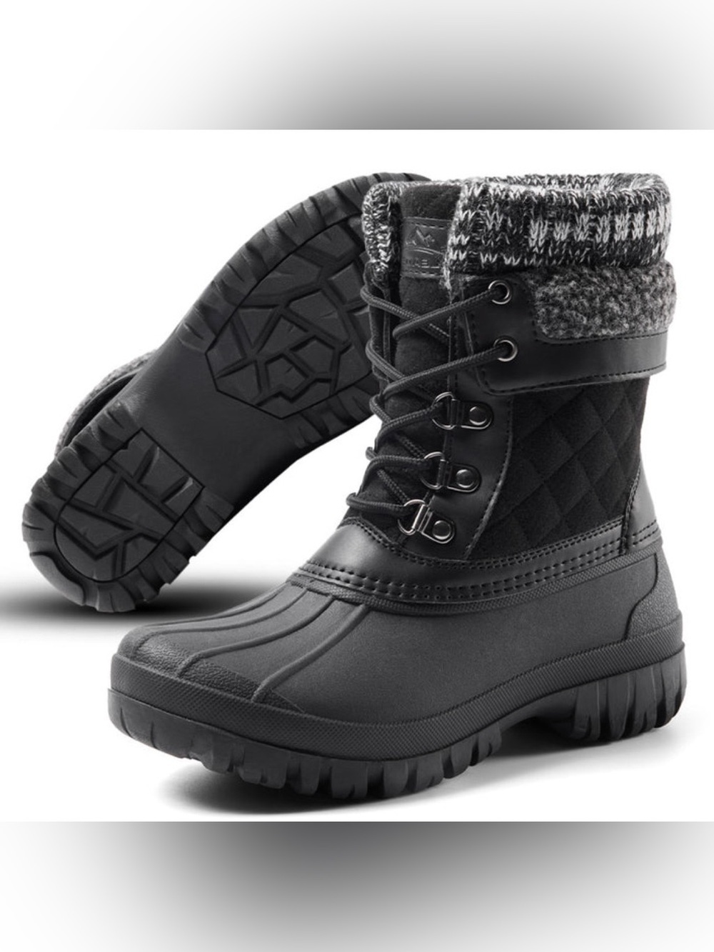 Women's Black Quilted Winter Lace-Up Boots with Knit Collar Size 6
